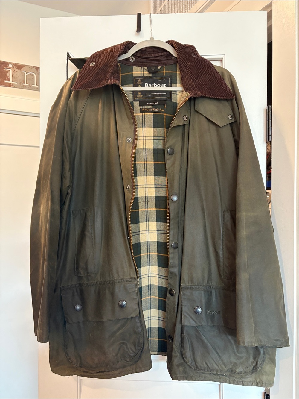 Barbour Olive Green Waxed Cotton Field Jacket with Brown Corduroy Collar